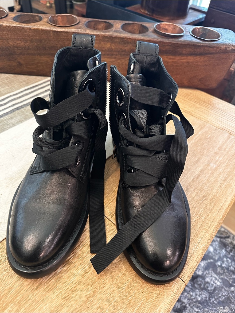 Zadig & Voltaire Black Leather Combat Boots with Side Zip
